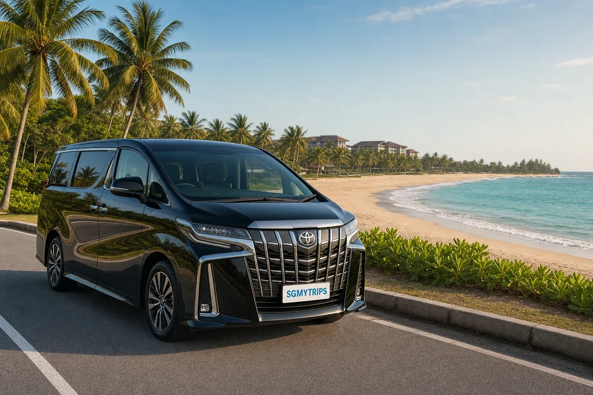 Black Toyota Alphard parked beside a palm-lined beach in Desaru