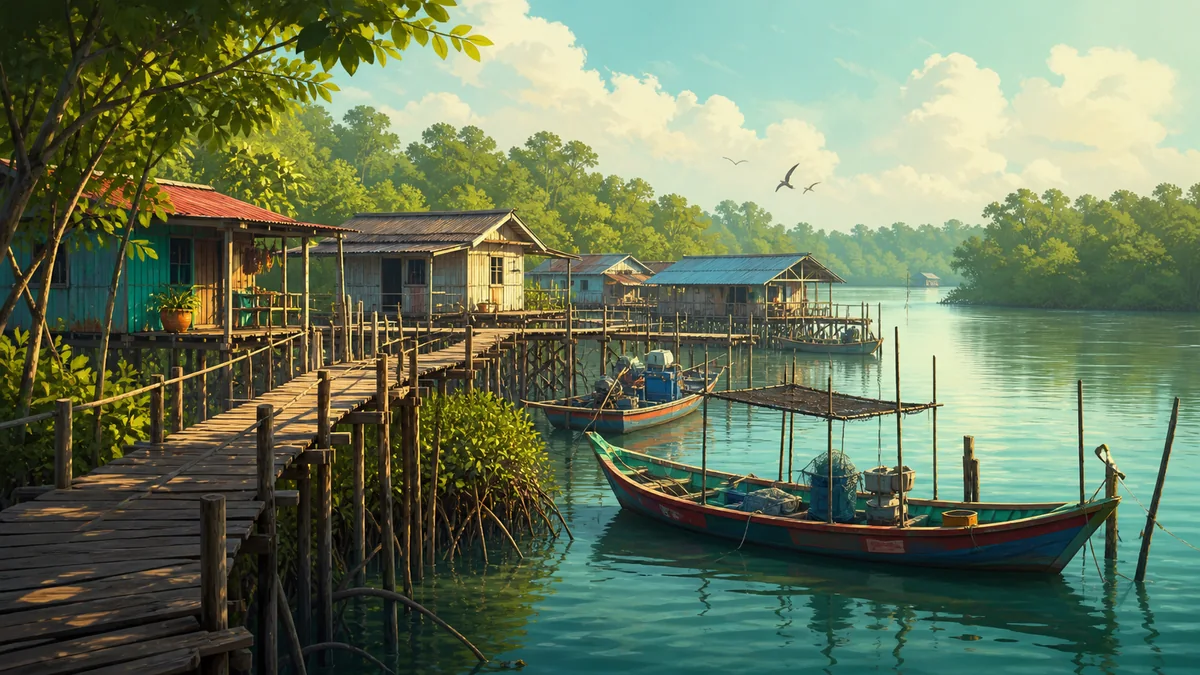 Representative illustration of Kukup mangrove coast, stilt village and fishing boats