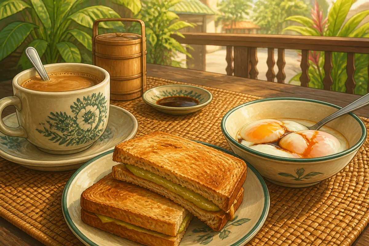 Representative illustration of Malaysian coffee, kaya toast and soft-boiled eggs