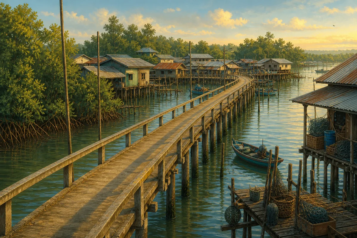 Representative illustration of Kukup Laut stilt houses and a raised walkway