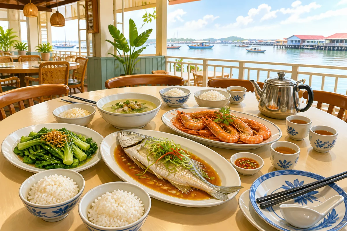 Representative illustration of a Kukup seafood lunch table