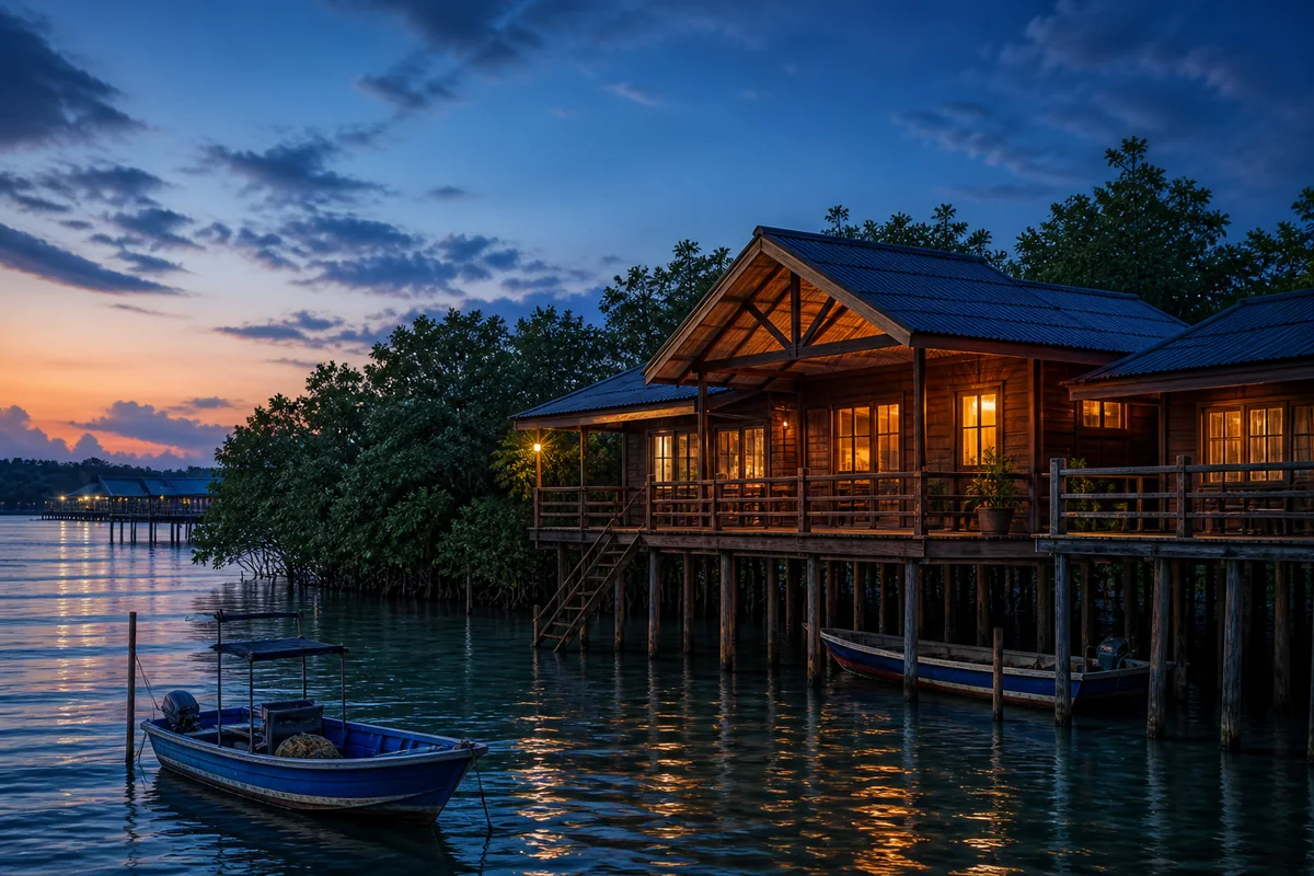 Representative illustration of a Kukup waterside chalet at blue hour