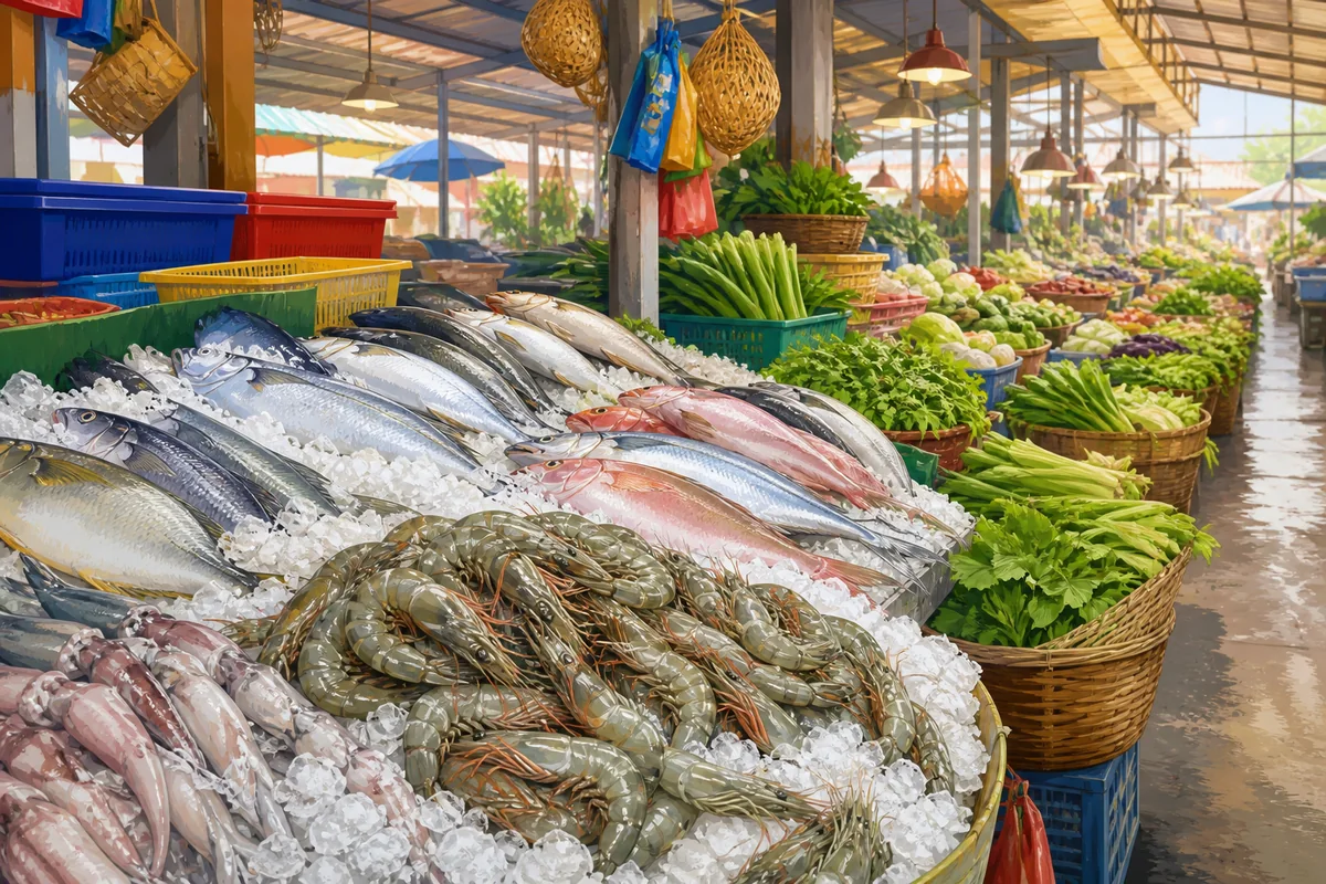 Representative illustration of a Pontian seafood and produce market