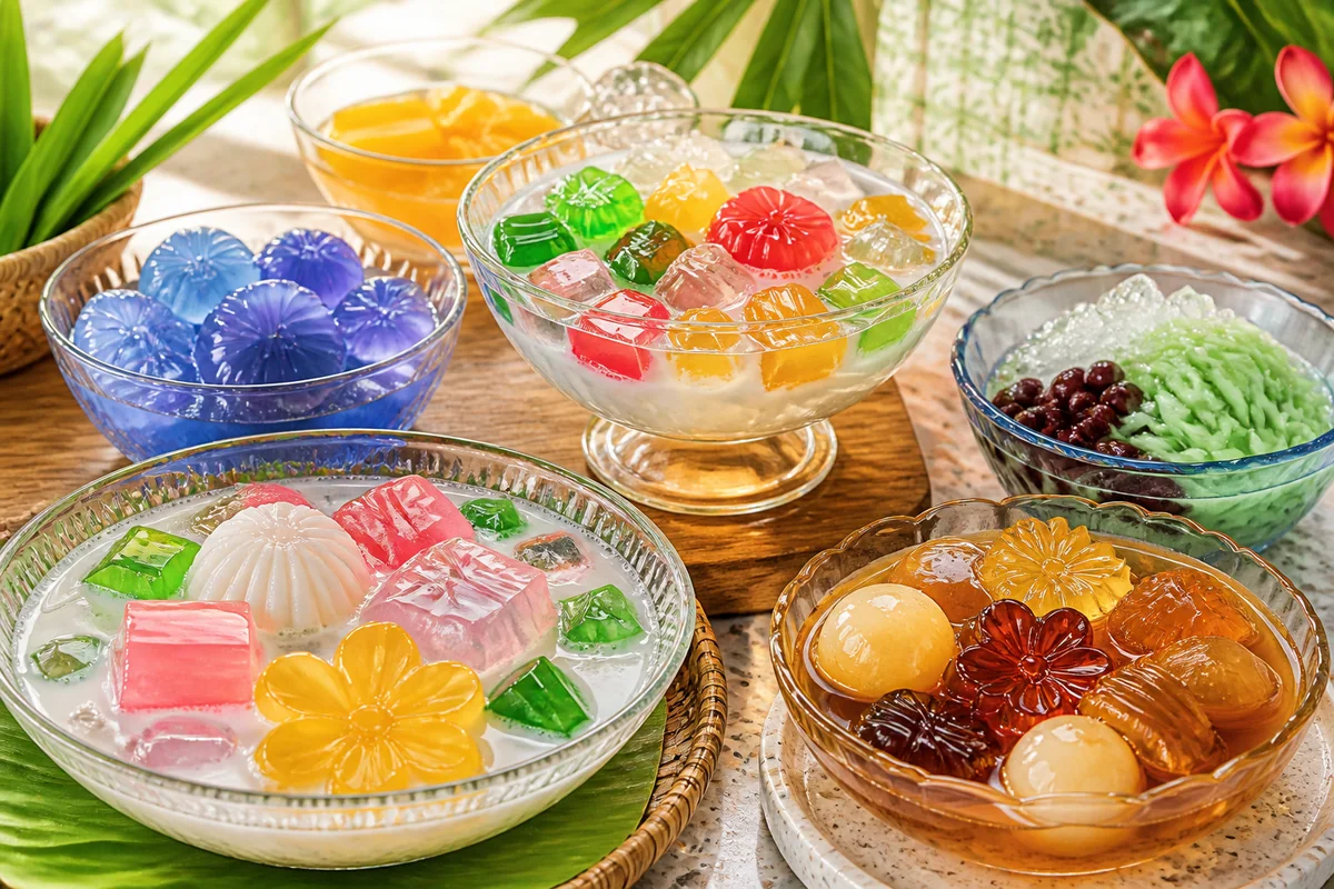 Representative illustration of colourful local crystal jelly desserts