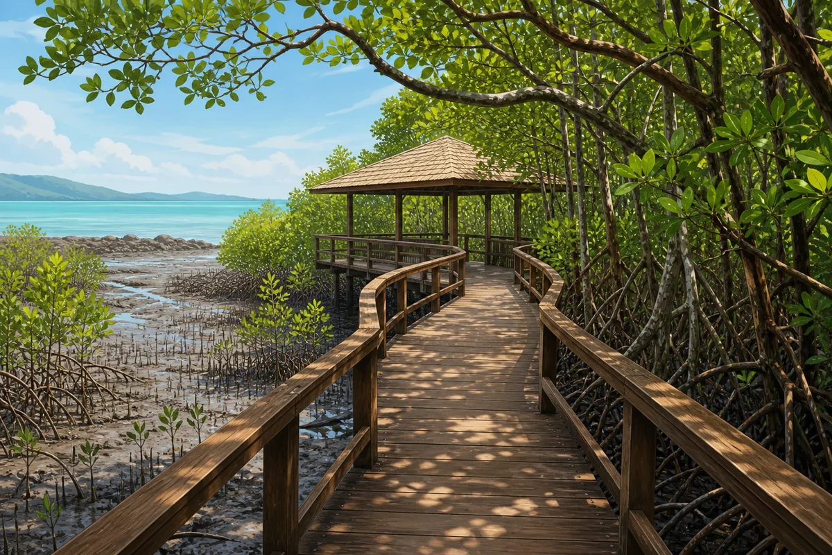 Representative illustration of a mangrove boardwalk and coastal nature