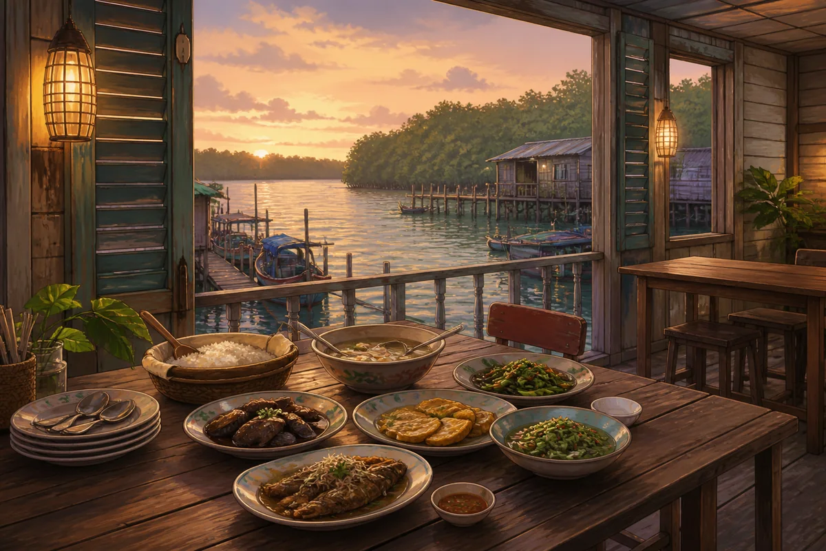 Representative illustration of a small waterside canteen dining scene