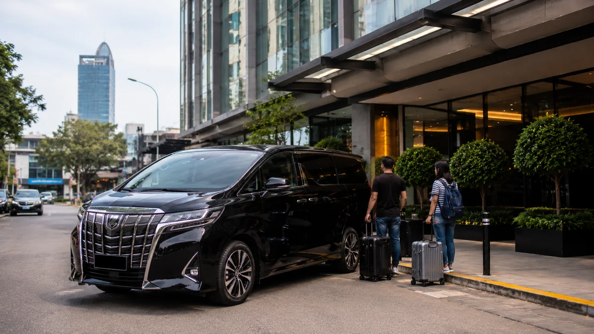 Representative image of travellers with luggage beside a black luxury MPV at an urban drop-off